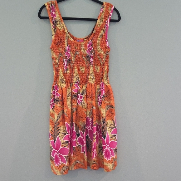Khushbu Midi Sundress Silky Orange, Brown and Pink Pleated - Picture 1 of 8